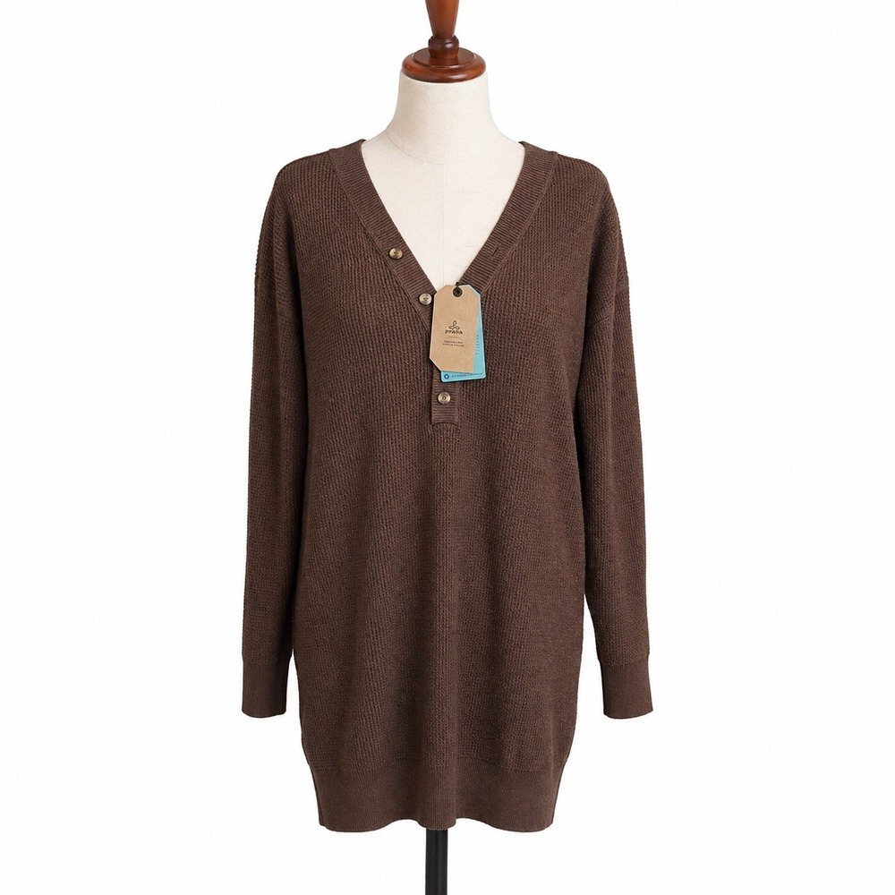 prAna Dress Womens XS Brown Milani Henley Clove Sweater Knit Mini Long Slv